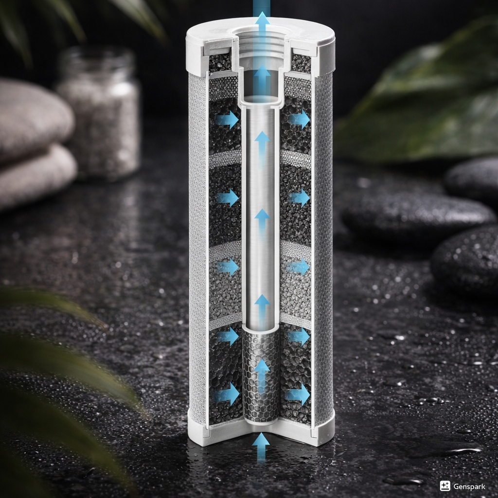 Coupe transversale filtre charbon actif Limpéa — architecture intérieure du système de filtration