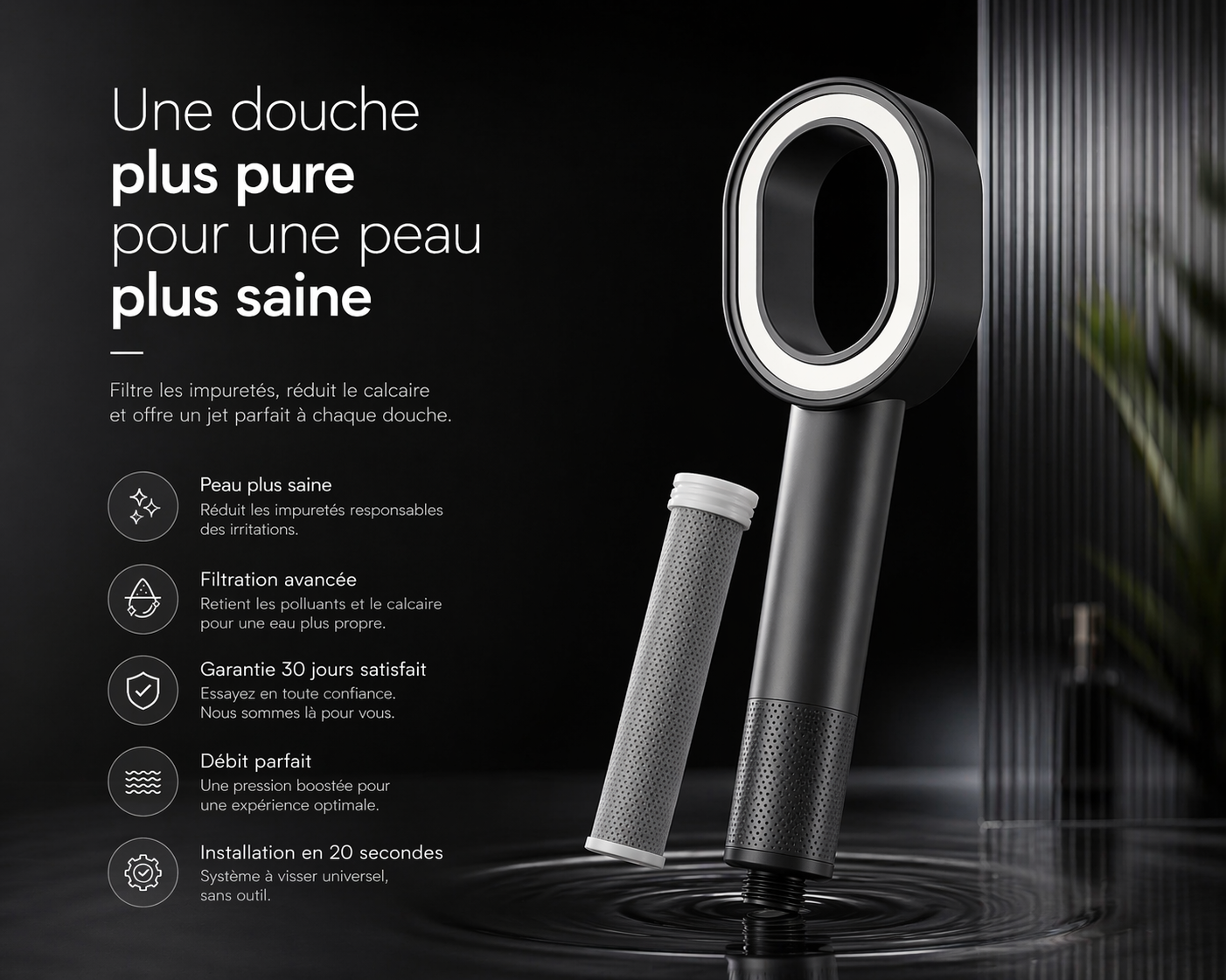 Limpéa pommeau de douche filtrant — pour une eau pure et une peau plus saine grâce au charbon actif