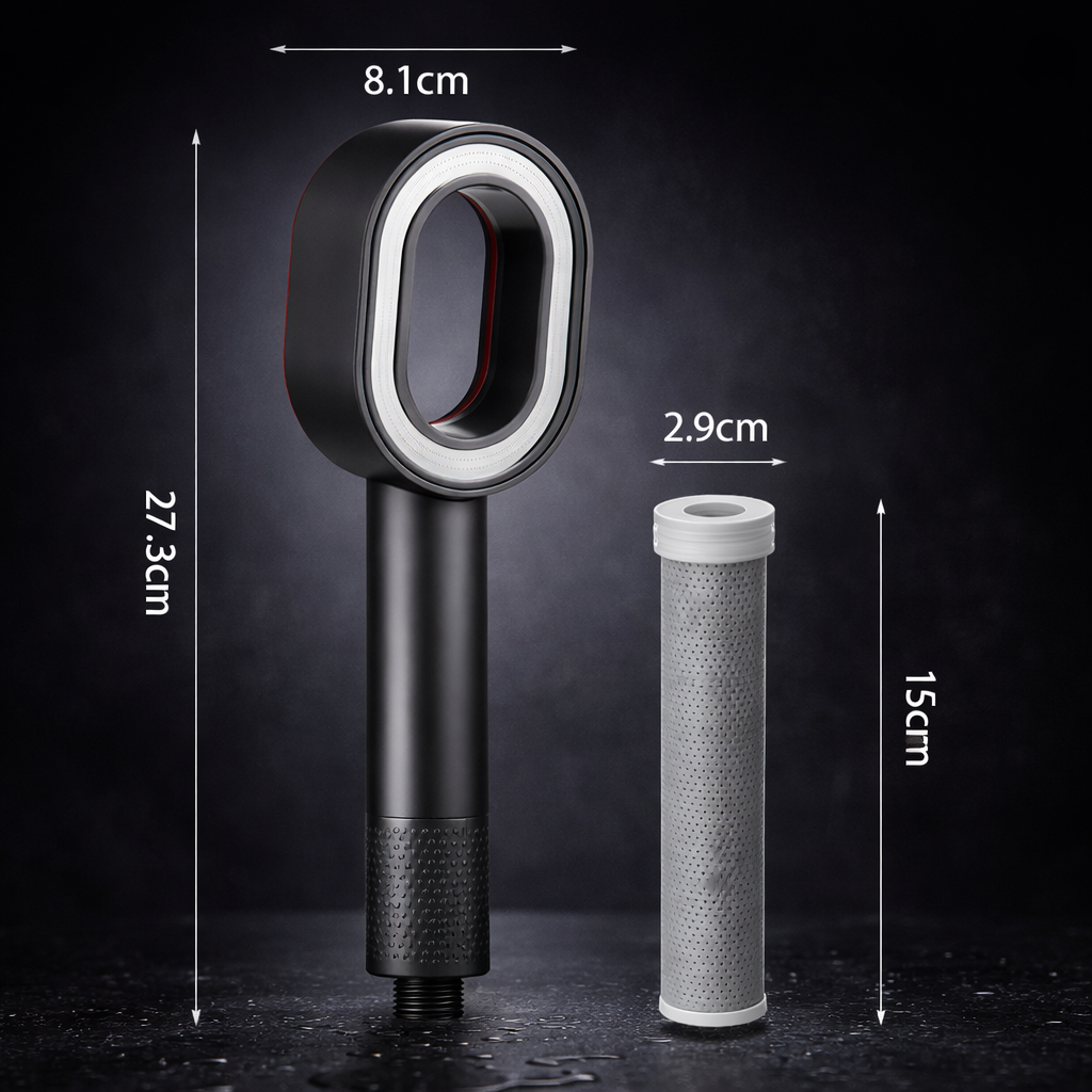 Limpéa spécifications — pommeau 8,1 cm × 27,3 cm, filtre charbon actif Ø 2,9 cm × 15 cm