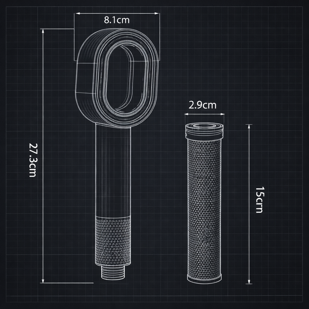 Plan technique Limpéa — dimensions 8,1 cm × 27,3 cm, raccord G1/2 universel, spécifications complètes